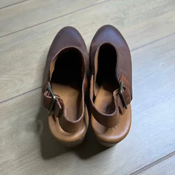 Kork-Ease Leather Platform Clog Heels Womens 9M Brown Slingback Wood Studded - Picture 5 of 16